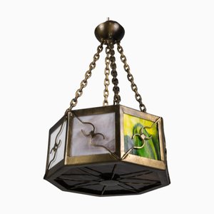 Mid-Century Octagonal Patinated Metal and Tiffany Glass Pendant Light, Germany