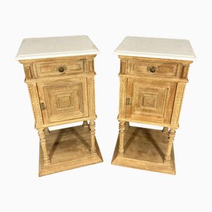 Antique French Bedside Tables in Oak with Marble Top, Set of 2