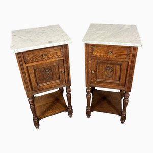 French Bedside Tables in Oak with Marble Top, Set of 2