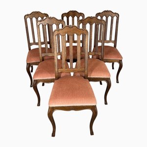 Vintage Louis XVI Oak Upholstered & Carved Chairs, Set of 6