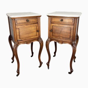 French Bedside Tables in Walnut with Marble Top, Set of 2