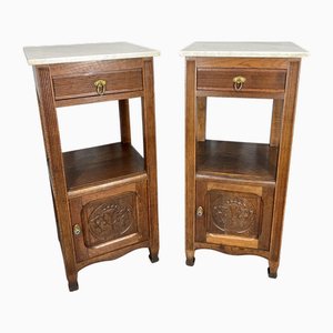 French Bedside Tables in Oak with Marble Top, Set of 2