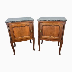 Comodini vintage in quercia con ripiano in marmo, Francia, set di 2