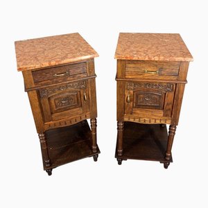 Antique French Oak Bedside Tables with Marble Top, Set of 2