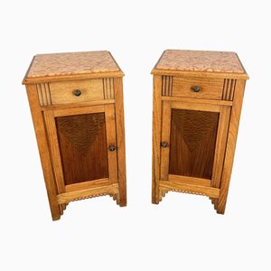 Antique French Oak Bedside Tables with Marble Top, Set of 2