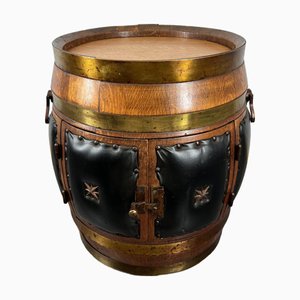 Vintage French Oak Black Panels Brass Trim Barrel Storage