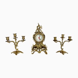 Vintage Rococo Ornate Brass Mantel Clock & 2 Candelabra Set, Set of 3