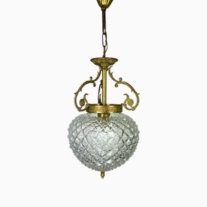 Lampe à Suspension en Laiton et Cristal Pressé