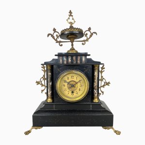Antique French Brass Black Slate and Marble Mantle Clock