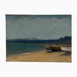 G. Carlos, Plage et Bateaux de Pêche, Huile sur Toile, 20e Siècle