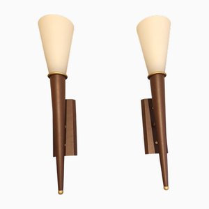 Vintage Wall Lamps with Brown Metal Frame and Opaque White Glass Shade from Wofi-Leuchten, Set of 2