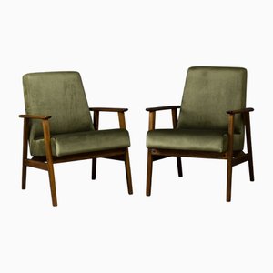 Set of Mid-Century Modern Beech Armchairs in Olive Green Velvet, 1970s