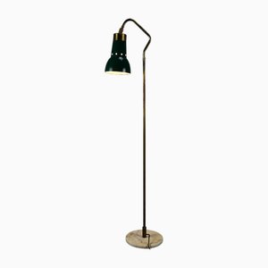 Lampadaire Mid-Century en Laiton, Métal et Marbre avec Abat-jour Ajustable Vert Bouteille de Stilux Milano, Italie, 1955