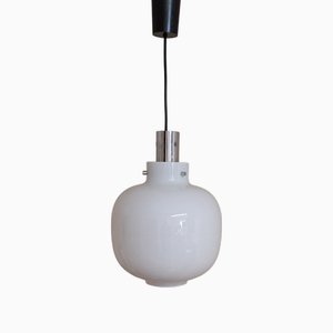 Vintage Ceiling Lamp with Original White Opaque Glass Shade on Chrome-Plated Metal Mount from Limburg, 1970s