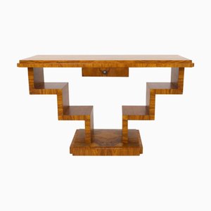 Mid-20th Century Art Deco Geometric Walnut Console Table, Poland, 1950s