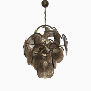 Lampadario Vistosi con 28 dischi in vetro ambrato sfaccettato, Italia, anni '60
