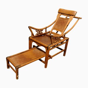 Victorian Wishbone Bamboo & Cane Reclining Armchairs with Pull Out Ottoman, Set of 2