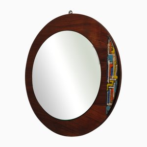 Mid-Century Modern Italian Round Teak Mirror, 1970s