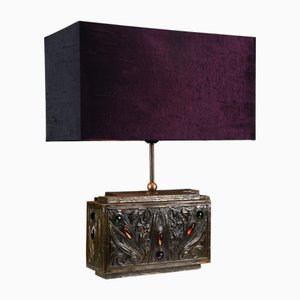 Art Nouveau Table Lamp with Ornamental Gem Accents and Purple Shade, 1911
