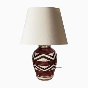 Art Deco French Lamp in Crackled Ceramic and Brass Geometric Red Motifs, 1930s