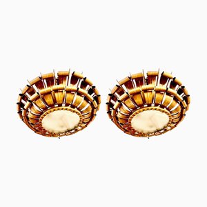 Spanish Crown Sunburst Fixture in Gilt Metal and Frost Glass, 1950, Set of 2