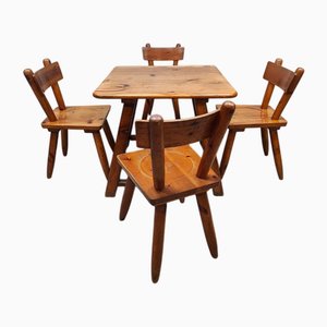 Vintage Brutalist Wooden Dining Set Chairs & Table Wooden Dining Set, 1970, Set of 5