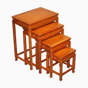 Oriental Chinese Teak Nest of Four Tables with Carved Details, Set of 3
