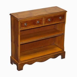 Vintage Yew Wood Low Dwarf Bookcase with Two Storage Drawers