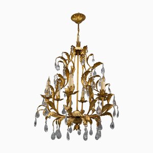 Lustre à Six Lumières Style Hollywood Regency en Métal Doré et Verre Cristal, Italie