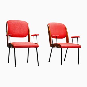 Red Armchairs in Brass and Wood, Italy, 1960s, Set of 2