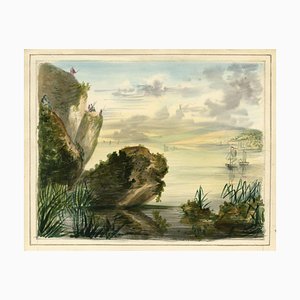 Küstenansicht in Indien mit Speeren, Anfang 19. Jh., Aquarell