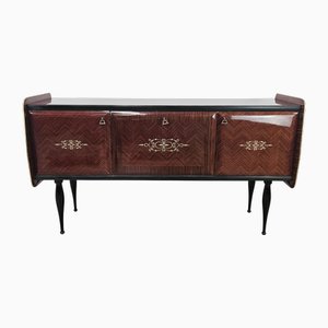 Mid-Century Modern Milanese Sideboard in Mahogany and Brass with Worked Glass, 1950