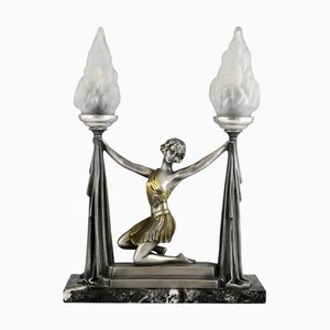 Art Deco Lamp Lady with Torches by Emile Carlier, 1930