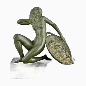A. Soleau, Art Deco Kneeling Nude with Fruit Basket, 1930, Bronze with Marble Base