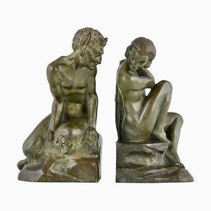 Art Deco Bronze Bookends of Satyr and Nude by Andre Gilbert and M. Guillemard, 1925, Set of 2