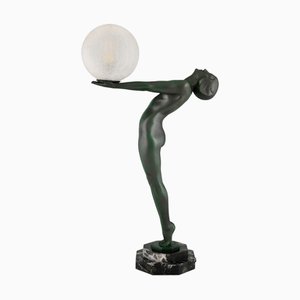Nude Art Deco Tischlampe mit Globus Lumina Clarté von Max Le Verrier, 1928