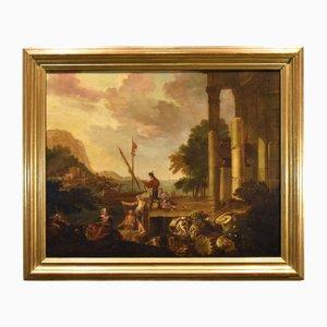 Jacob De Heush, Paysage côtier avec ruines architecturales, 1680, huile sur toile, encadrée