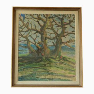 Hans Tombrock, Old Tree, anni '50, Tecnica mista su carta incollata, con cornice