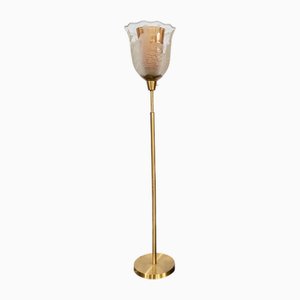 Etched Glass and Brass Floor Lamp by Bo Notini for Glössner, Sweden, 1940s