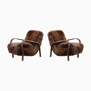 Set mit Sesseln aus Texel Schaffell & braun patiniertem Gestell von Kozelka & Kropacek, 1940er