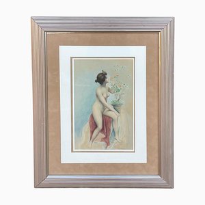 J. Salmony, Young Naked Woman and Rose Bush, Watercolor