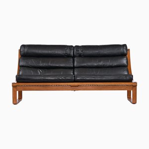Black Leather & Teak T4 Sling Sofa by Fred Lowen for Tessa, 1970s