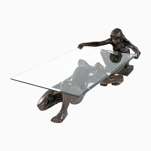 Bronze Figuraler Skulptur Couchtisch mit Glasplatte von C. Conndray