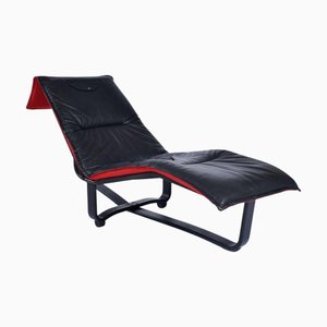 Scandinavian Modern Black Leather and Red Wool Reversible Chaise Lounge from Westnofa, Norwegian, 1950s