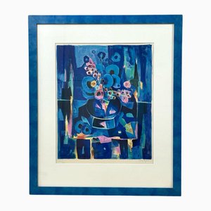 Tony Agostini, Bouquet mit Blauer Vase, Lithographie, Gerahmt