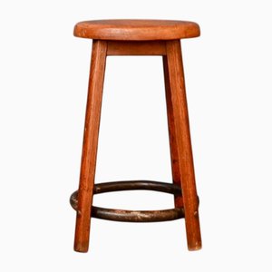 High Workshop Stool in Wood and Patinated Blue Metal