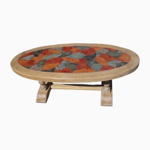 Vintage Coffee Table in Oak and Ceramic by Barrois for Vallauris, 1950s