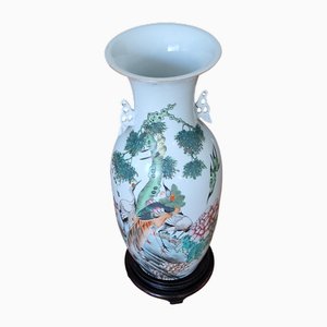 Chinese Celadon Porcelain Vase with Birds, Flowers and Vegetation Decor, 19th Century