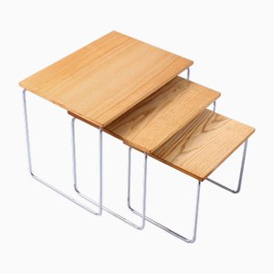 Nesting Tables in Chrome and Light Oak by Brabantia, 1970s, Set of 3