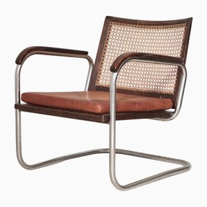 Chaise Funkis Moderne S-102 en Acier, Cannage et Cuir attribuée à Fritz Hansen, 1930s